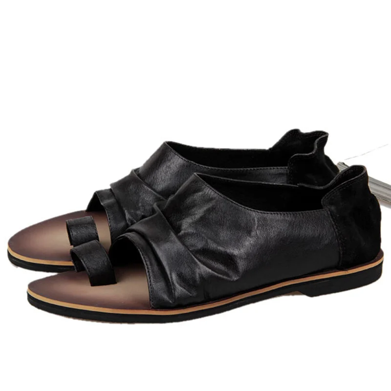Мужские Винтажные повседневные пляжные шлепанцы из натуральной кожи на плоской подошве в римском стиле; Вьетнамки; летняя Уличная обувь; US-6-10 - Цвет: Black