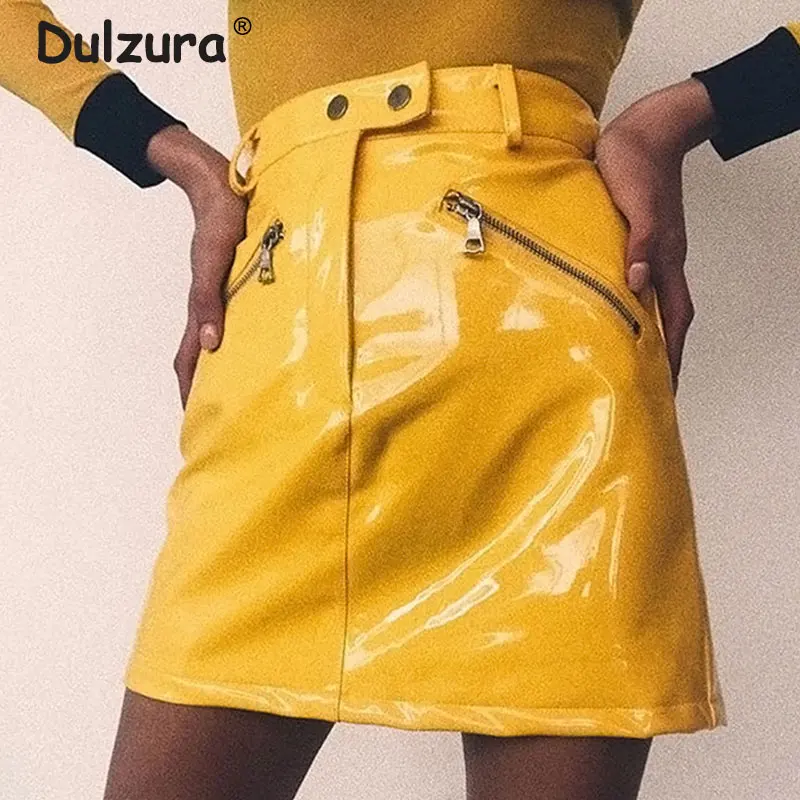 

Retro Punk Girls Yellow Pu Mini Skirts 2019 Brand Street Hip Hop Bright Color Faux Patent Leather Skirt Harajuku Pockets Vestido