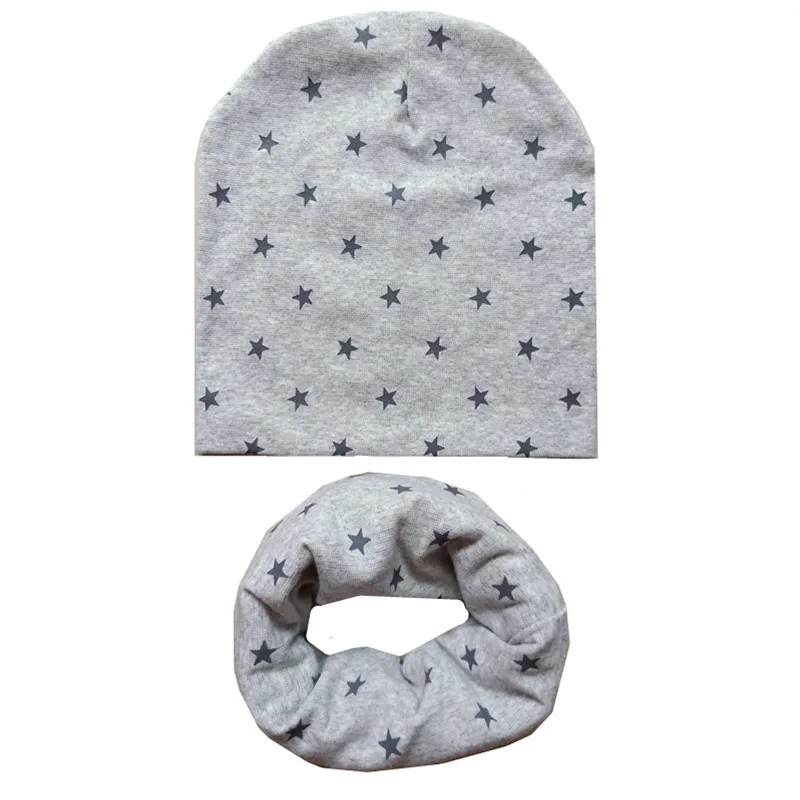 gray small star Осенне-зимний детский комплект с шапочкой для мальчиков и девочек, весенний теплый шейный платок, детские вязаные шапки, комплекты из хлопка, детская шапка, шарф, комплекты из 2 предметов - Цвет: gray small star