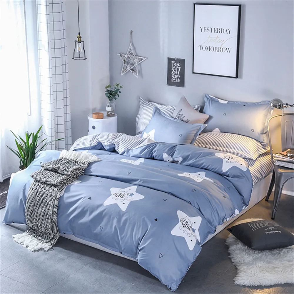 

Hot sell Cartoon Stars Pattern kid/Adult Bedclothes 4pcs blue Bedding Sets Duvet Cover gray stripe Sheet Pillowcase home textie