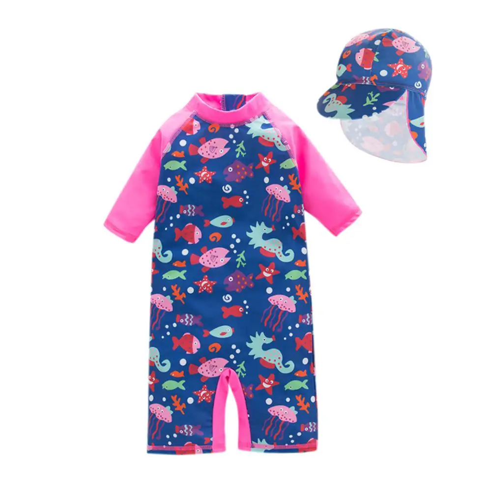 

Dragonpad 2 Pcs/Set Children Girl Cute Printed One Piece Short Sleeve Swimsuit Short Pants + Hat Swimwear Kids Swim Suits