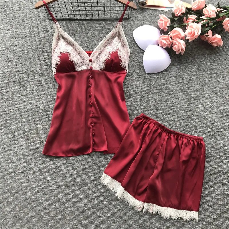 

Lace Deep V Neck Women Pajama Set Faux Silk Rayon Satin Sleepwear Spaghetti Strap Sleeveless Top Shorts Two Piece Suit Home Wear