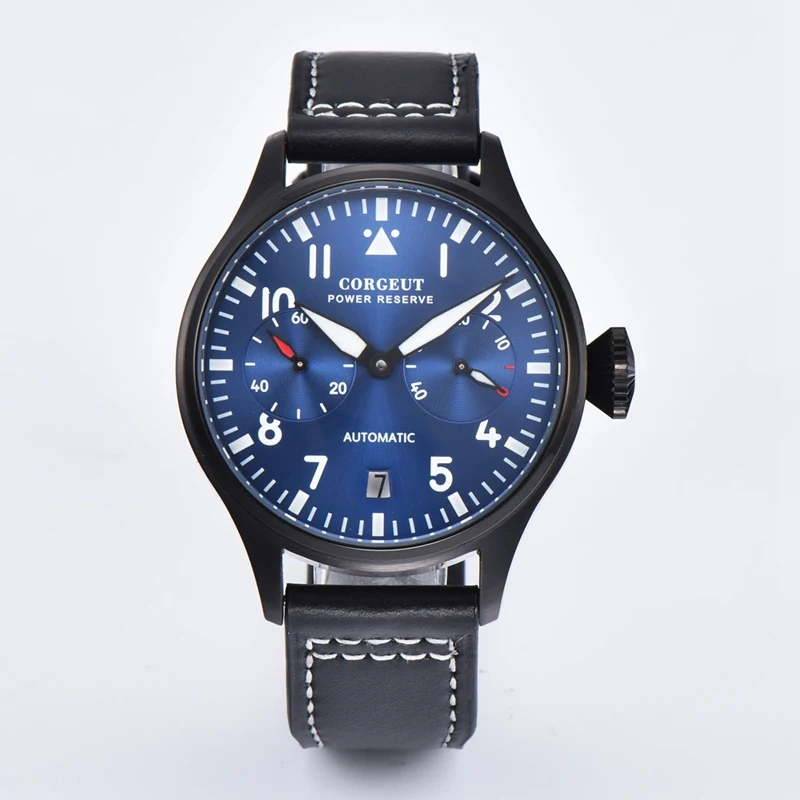

Corgeut 42mm Mens Automatic Watch Black PVD Coated Case Blue Luminous Dial WristWatch Men Power Reserve Watches CA2032PL