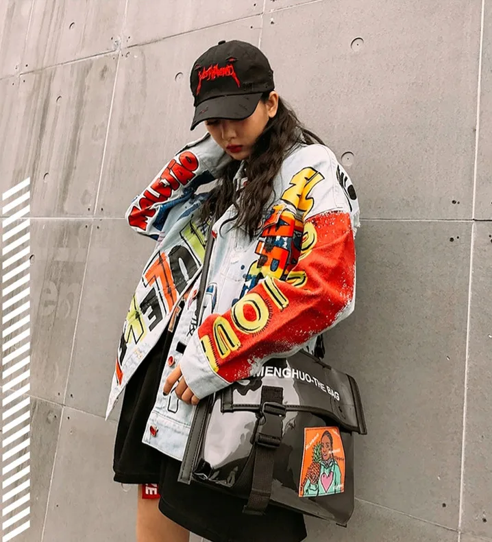 Пальто унисекс в стиле панк с длинными рукавами Harajuku джинсовый кардиган рисунком