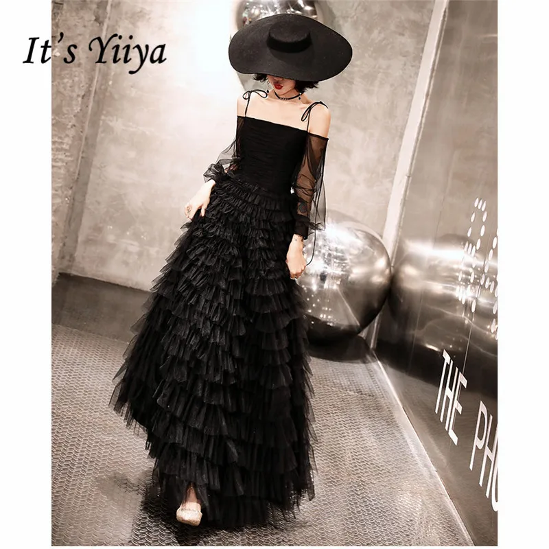 

It's YiiYa Evening Dress Strapless Pleated Lace Layered Tulle Women Party Dress Long Sleeves Robe de Soiree Plus Size 2019 E502