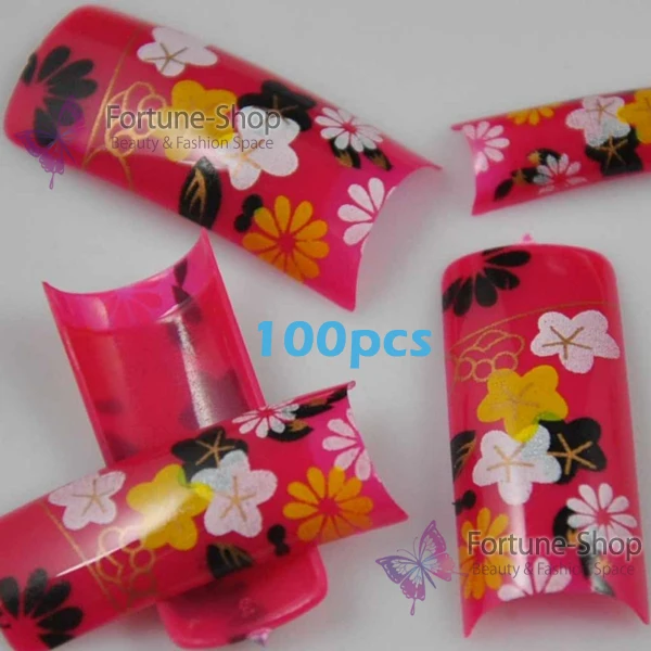 

100PCS Beauty Mixed Flowers Design False Acrylic Nails Plastic Half Nail Art Tips False French Nail Tips NEW F435