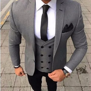 Skup Moda Szary Mężczyźni Garnitur Na Wesele Klasyczne Tuxedo Slim Fit Trzyczęściowy Pana Młodego Garnitury Wykonane Na Zamówienie Strona Garnitur Dla Mężczyzn