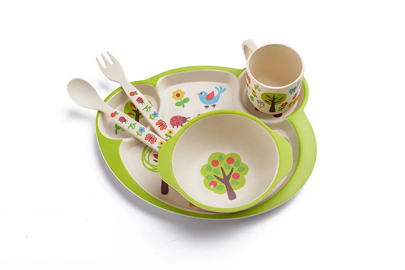 Новое поступление, 5 шт., детская посуда из бамбукового волокна с рисунком кота, лодки, вилки, миски для кормления детей, миска, чашка, ложка, тарелка, столовая посуда - Цвет: BB7019 green home