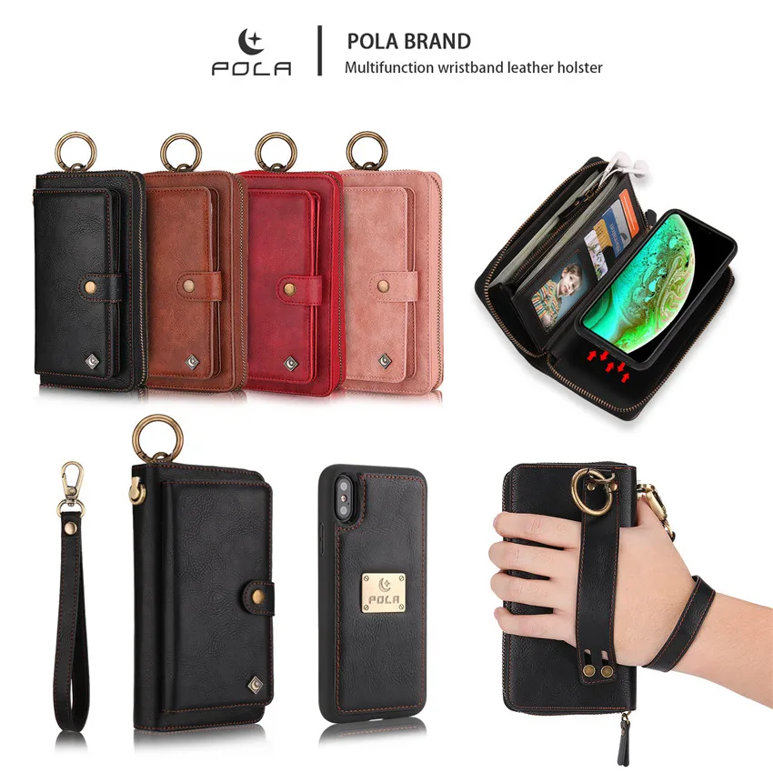 

Luxury Zipper Flip Folio Detachable Magnetic Leather Pouch Card Holder Wallet Case for Apple Iphone Xs Max X Xr 7 8 6 6s Plus 10