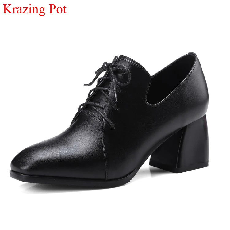 

2018 Genuine Leather High Heels Lace Up Square Toe Office Lady Solid Retro Solid Handmade Shoes Lazy Simple Pumps for Woman L66