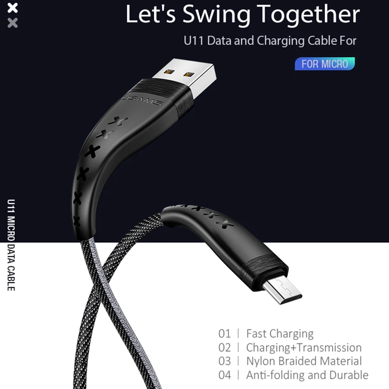 المصغّر usb كابل ، USAMS الهاتف المحمول كابل كابل شحن ونقل بيانات تزامني سريع النايلون جديلة مايكرو البيانات الحبل لسامسونج الروبوت سلك Microusb
