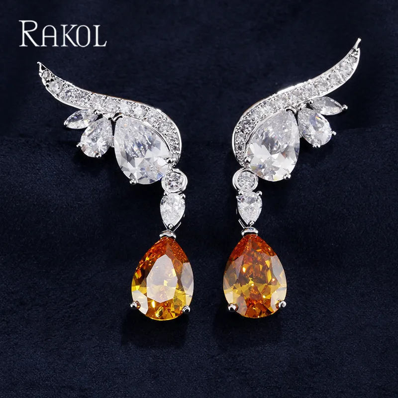 

RAKOL Full Pave Dazzling CZ Zirconia Wings Clear Water Drop Shape Crystal Pendant Marquise Luxury Dangle Earrings Set For Women