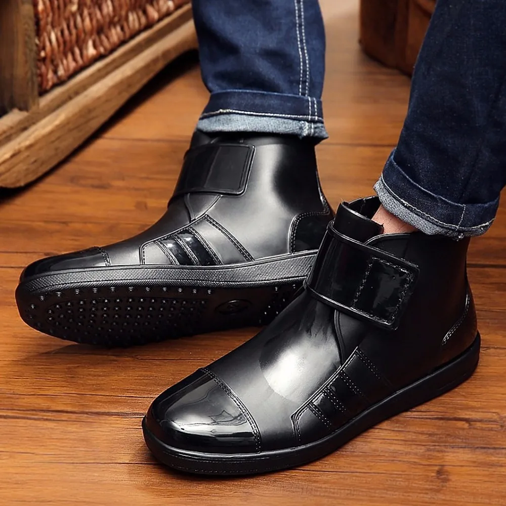 

Fashion hook loop rain boots Men and women shoes 2017 new arrival solid black waterproof spring/autumn rain shoes