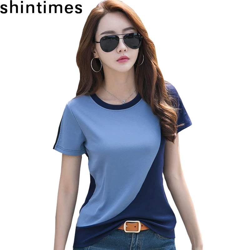 

Summer Tshirts For Women 2019 Korean Fashion Slim Tee Shirt Femme Patchwork Cotton T Shirt O-Neck Short Sleeve Tshirt Womens