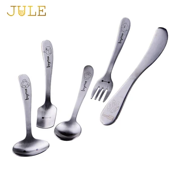 

1lot/5pcs Children Tableware Cutlery Set Cartoon Cute 18/10 Stainless Steel Knife Fork Tablespoon Matte Silver Dinnerware Sets