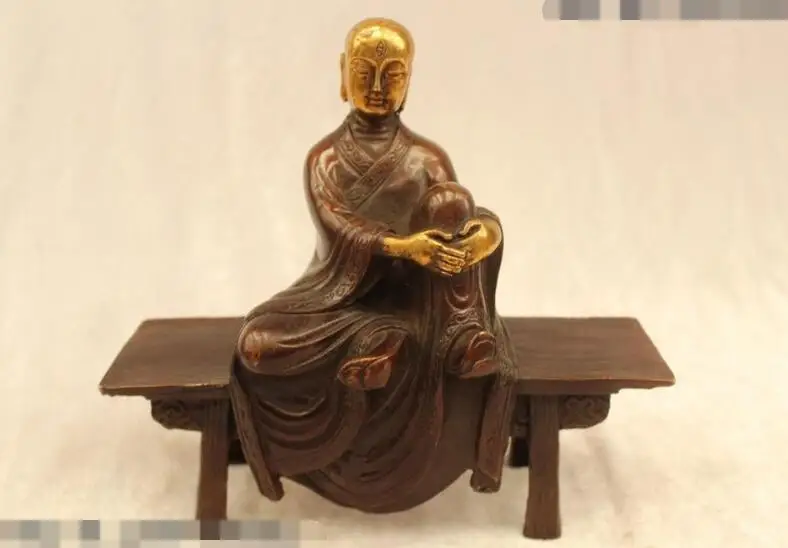

S6805 8"China Buddhism Folk excellent Bronze Gild Sit Stools arhat Buddha Statue D0318