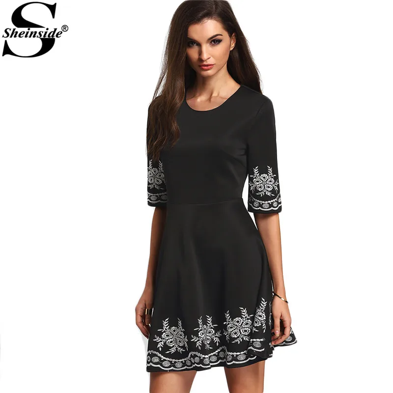 Buy Cheap Sheinside A-line Boho Dresses Summer Style Vintage Women 2016 New Arrival Ladies Black Half Sleeve Embroidered Flare Dress