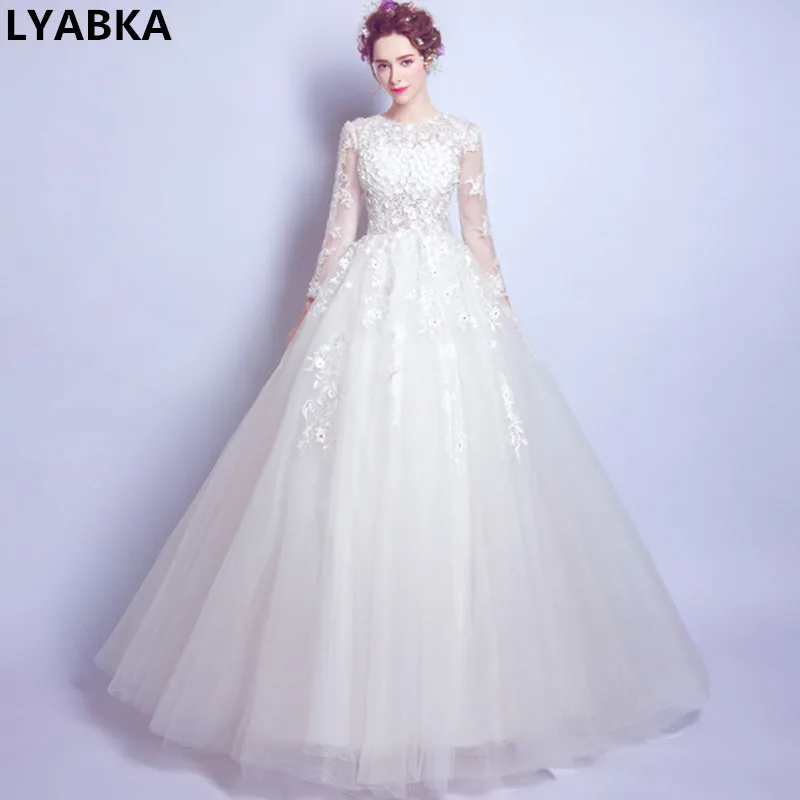 

Robe De Mariage White Wedding Dress Long Sleeve 2019 New Fashion O-Neck A-Line Real Photo Wedding Gowns Muslim Wedding Dresses
