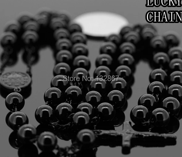 

MEN`S STAINLESS STEEL BLACK ROSARY CHAIN NECKLACE(30"+5.5")8mm/106g