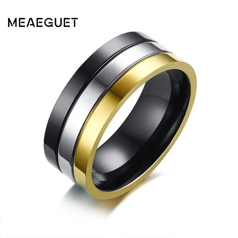 

Meaeguet Personalized 2-Row Rings For Men 3 Colors Stainless Steel Wedding Bands Fashion Jewelry Anel Feminino 8MM Wide