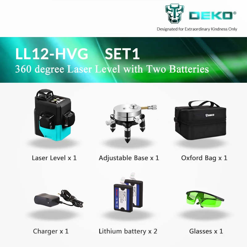 DEKO LL12-HV, 12 линий, 3D лазерный уровень, самонивелирующийся, 360, degree, горизонтальный и вертикальный крест, мощная интеллектуальная регулировка - Цвет: Green Laser Set 1