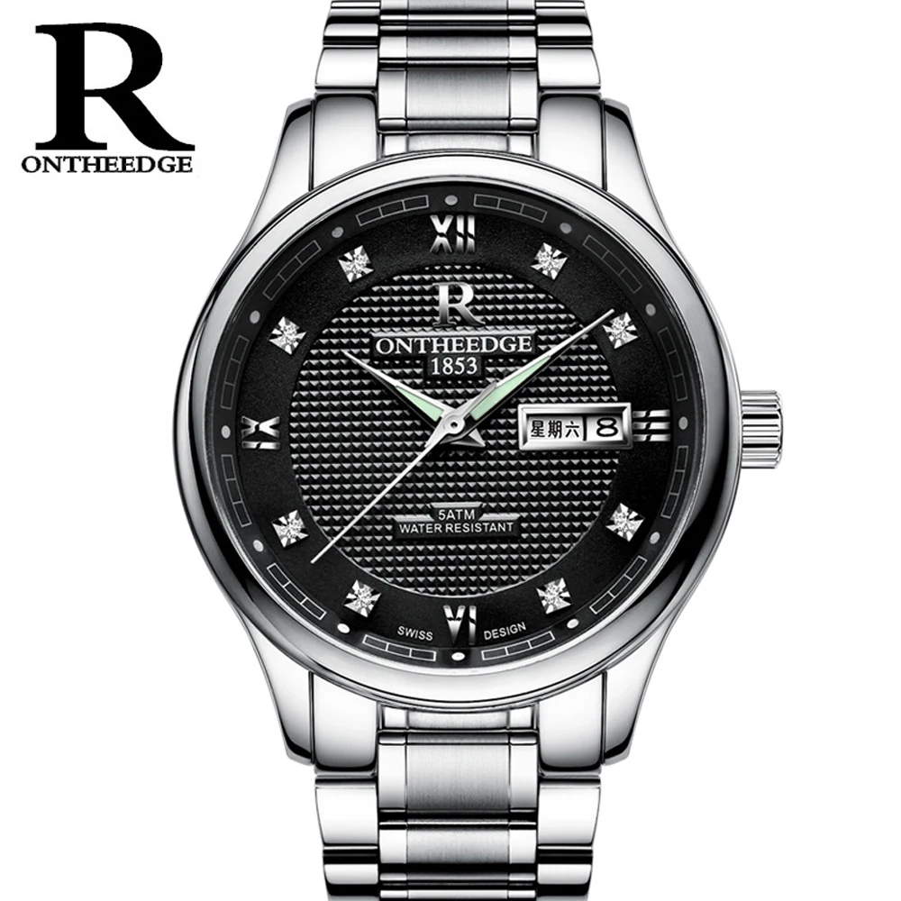 Silver black OnTheEdge повседневные кварцевые мужские роскошные золотые часы деловые мужские часы модные водонепроницаемые мужские часы из нержавеющей стали - Цвет: Silver black