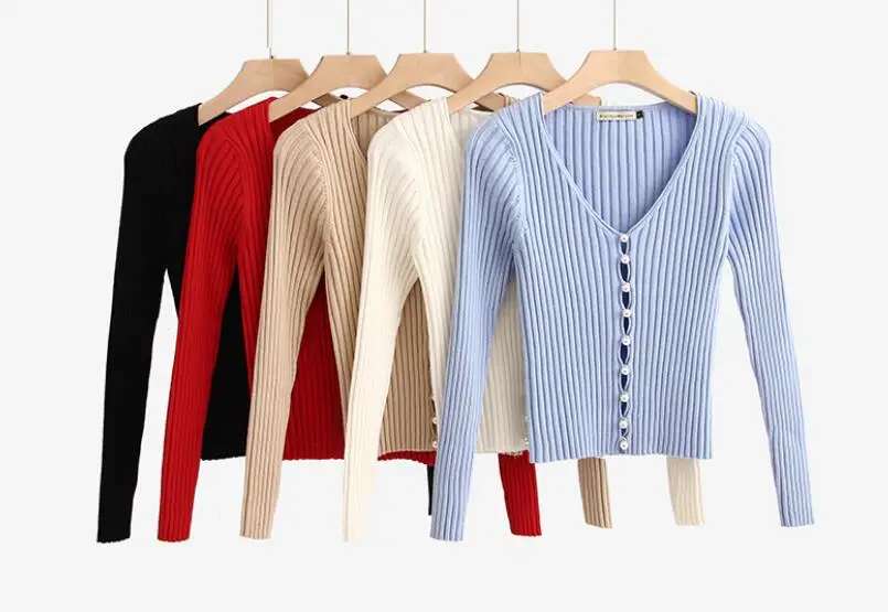 Cena 2019 wiosna nowy stylowy Knitting jednorzędowy perłowy sweter sweter kobieta głęboki dekolt w serek z długim rękawem Jumper kleding jersesis