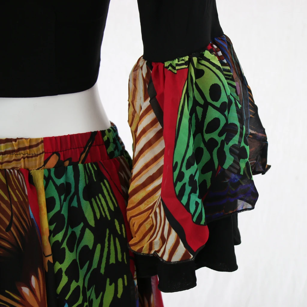 Tribal Gypsy Style Flamenco Belly Dance Costume Set for Women Chiffon Top and Butterfly Print Swing Maxi Skirt