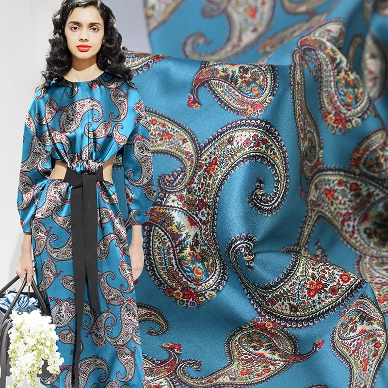 

Free shipping digital printing silk stretch satin fabric 19mm blue paisley digital printing silk fabric summer silk fabric