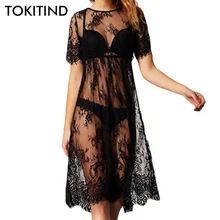 Tokitind verão feminino sexy maiô rendas crochê biquíni cobrir praia vestido pareo praia túnica capa ups vestido(China)