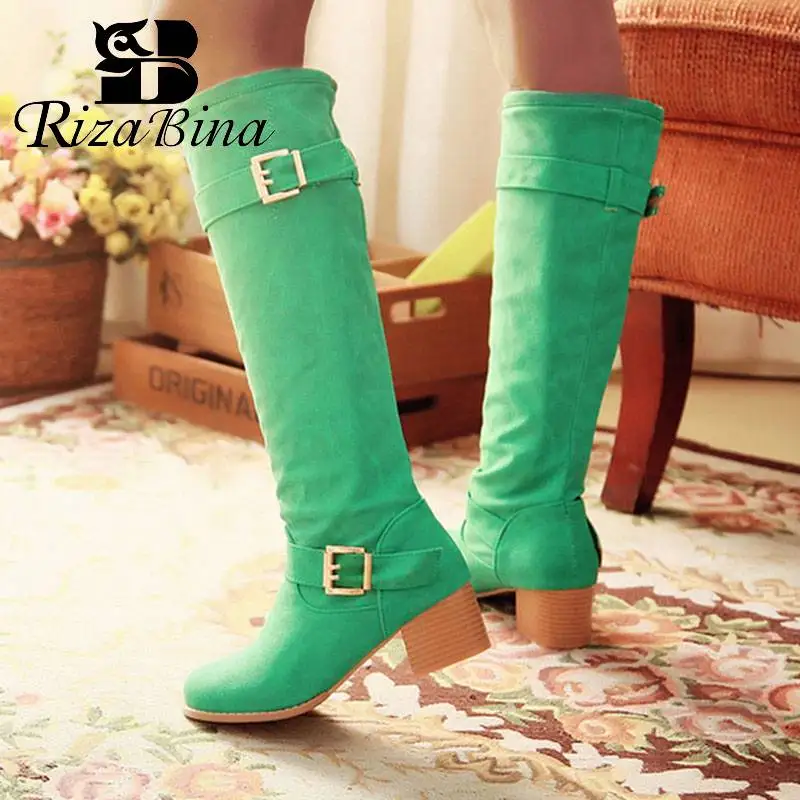 

RIZABINA Size 31-43 Women Knee High Boots Buckles Fashion Winter Shoes Woman Candy Colors Round Toe Snow Warm Fur Boots