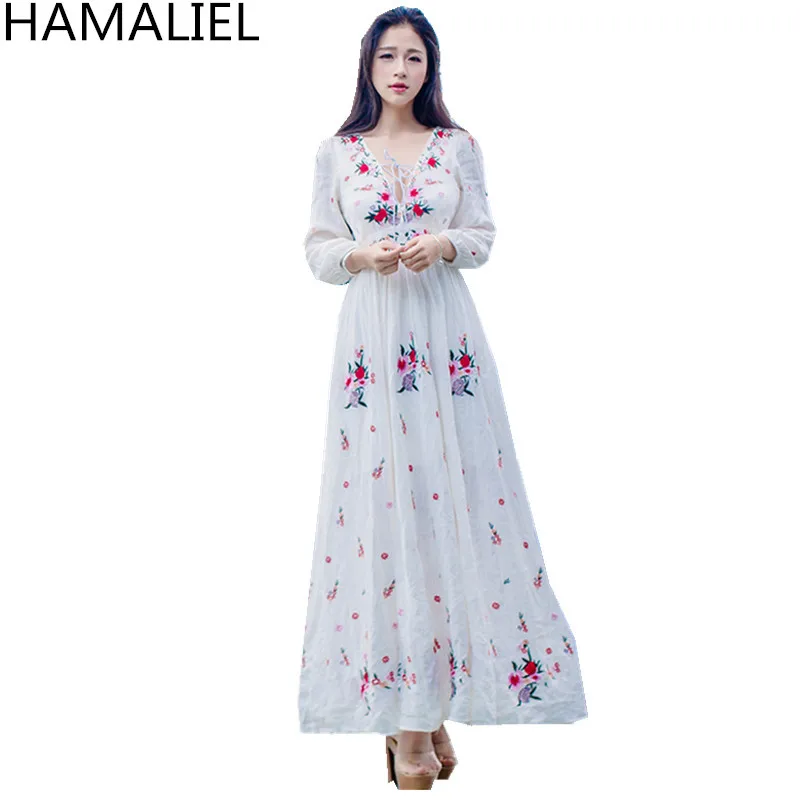 

Women Boho Dresses 2018 Summer White Floral Embroidery Long Sleeve Cotton And Linen Sexy Deep V Neck Holiday Beach Maxi Dress