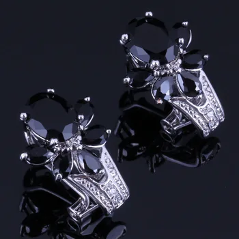 

Sublime Flower Black Cubic Zirconia Silver Plated Clip Hoop Huggie Earrings V0909