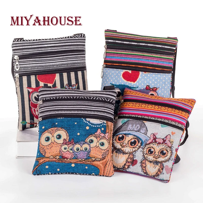 Miyahouse Double Zipper Female Mini Flap Shoulder Handbags Cartoon Owl Printed Canvas Bags Women Small Shoulder Messenger Bags