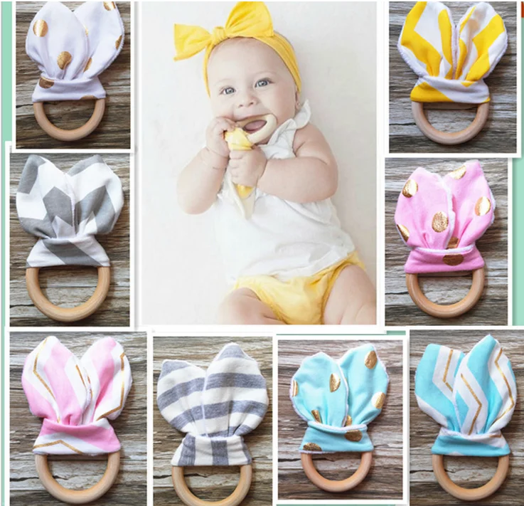 Baby teething ring cute fabric & wooden teething training with crinkle