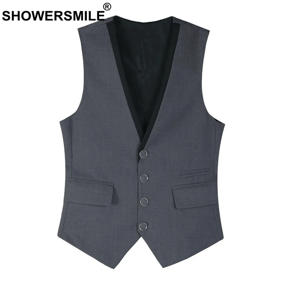 

SHOWERSMILE Slim Fit Suit Vest For Men Gray Formal Waistcoat Male Business British Gilet Spring Summer Thin Sleeveless Jacket