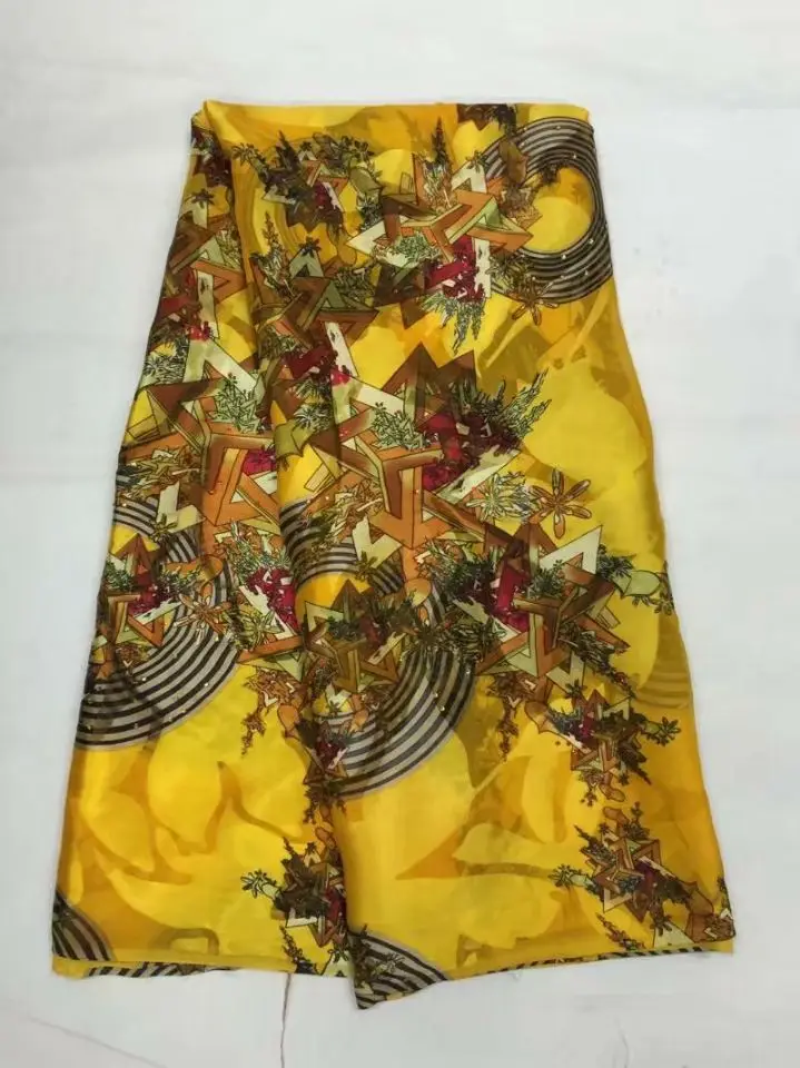 

5Yards/pc Wonderful yellow silk chiffon african smooth and soft silk lace fabric with rhinestone for dress JS22-4