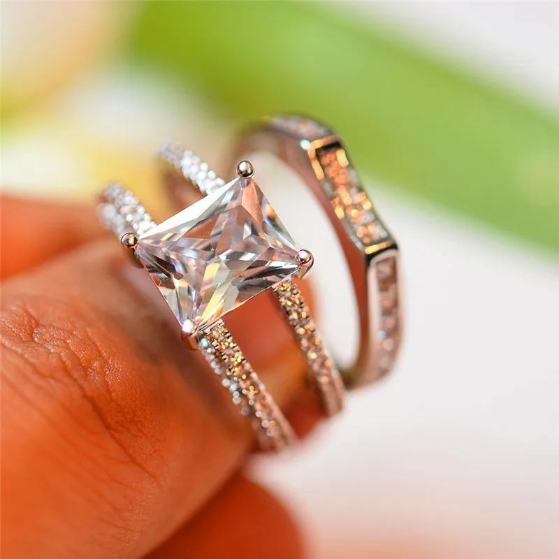 

Luxury Crystal Female Square Wedding Ring Set Fashion Silver Color Bridal Ring Jewelry Promise Love Engagement Rings For Women