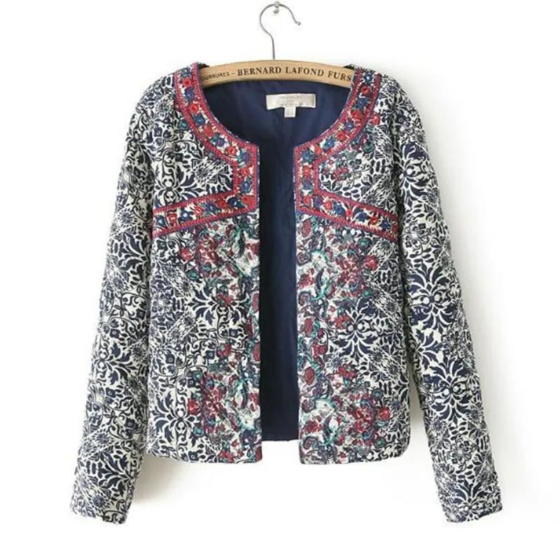 

Bohemian Red Embroidery Blue White Floral Print Paisley Jacket Ethnic Women O neck Long sleeve Quilted Thin Padded Coats Suits