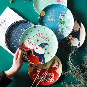 

8 Inch Beer Merry Christmas Printed On-glazed Ceramic Dishes & Plates Round Cake Dessert Steak Plate Black Cute Children Dish