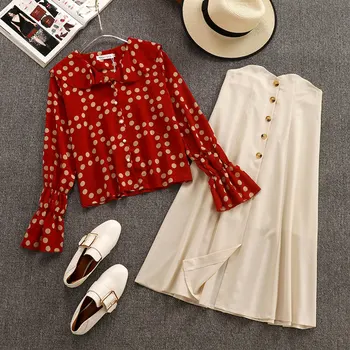 

New Spring Fashion Women's Sets Elegant Dot Long Sleeve Chiffon Blouses + High Waist Ultra Long Skirts Female Suits