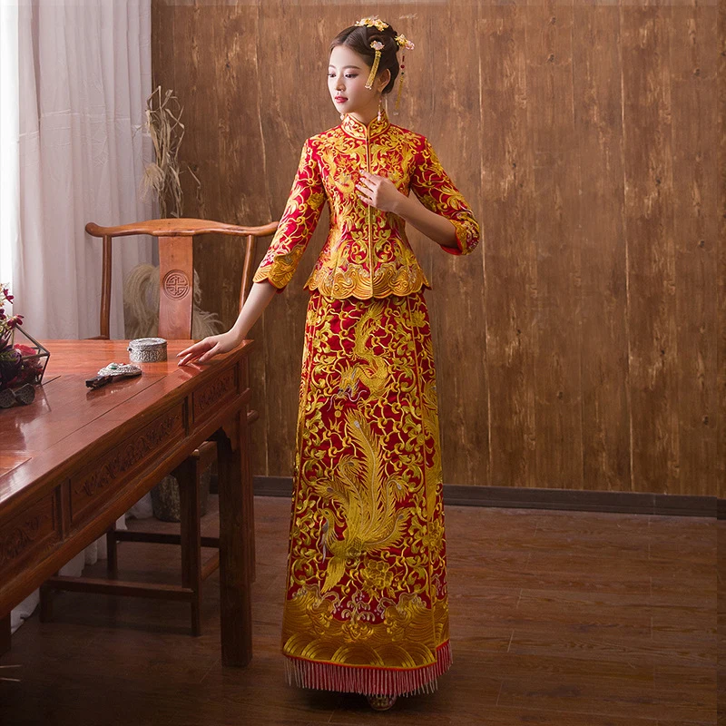 Роскошный древний Королевский Красный китайский свадебное платье традиционная Невеста вышивка Cheongsam женский Восточный Дракон Феникс Ципао s-xl