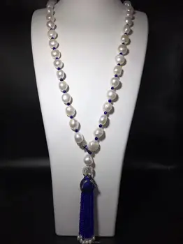 

freshwater pearl white baroque 9-13mm and blue jade necklace 28inch FPPJ wholesale beads nature