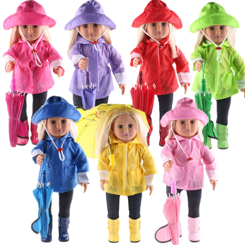 7 color Doll Clothes for American Girl Dolls: 6 Piece Rain Outfit - Includes Rain Jacket, Umbrella, Boots, Hat, Pants, and Shirt