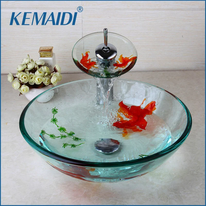 Us 105 37 42 Off Kemaidi Modern Bathroom Glass Golden Fish Painted Vessel Sink Faucet Pop Up Drain Combo Sink Set Bathroom Sink Accessaries In