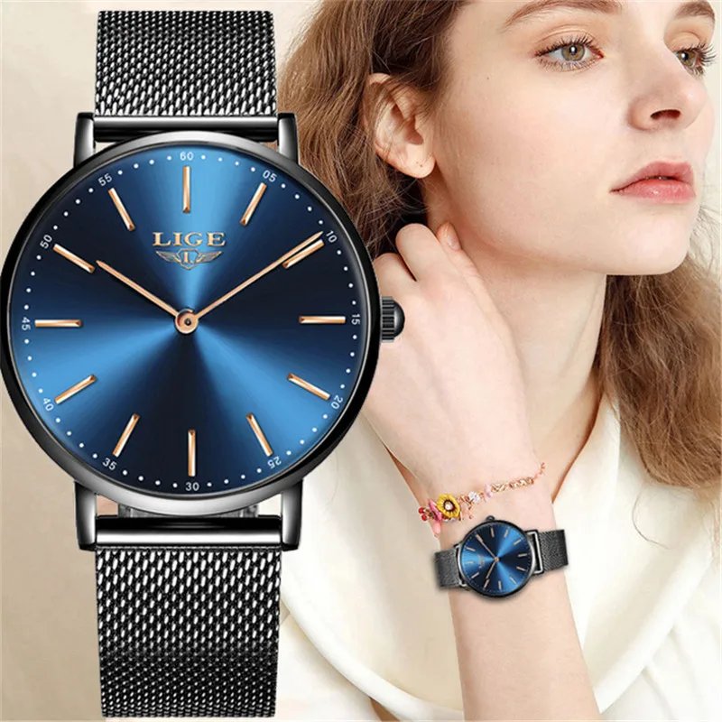 

LIGE Top New 9895 Ladies Watch Simple Fashion Rose Gold Mesh Steel Belt Quartz Watch Female Watch Waterproof Sports Ladies Watch