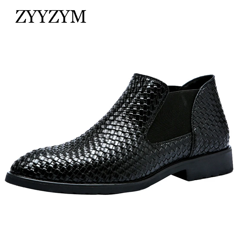 Online ZYYZYM para hombre Botas Chelsea primavera otoño tejidas a mano estilo de alta ayuda botas de cuero clásicas impermeables de moda zapatos de hombre 38 48