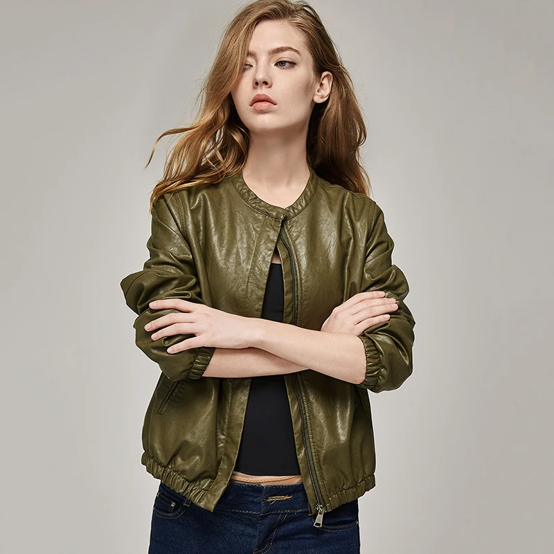 discount ESCALIEA Women's Slim Washed PU Leather Jacket Fashion O-Neck Zipper Bright Colors Coats New Ladies