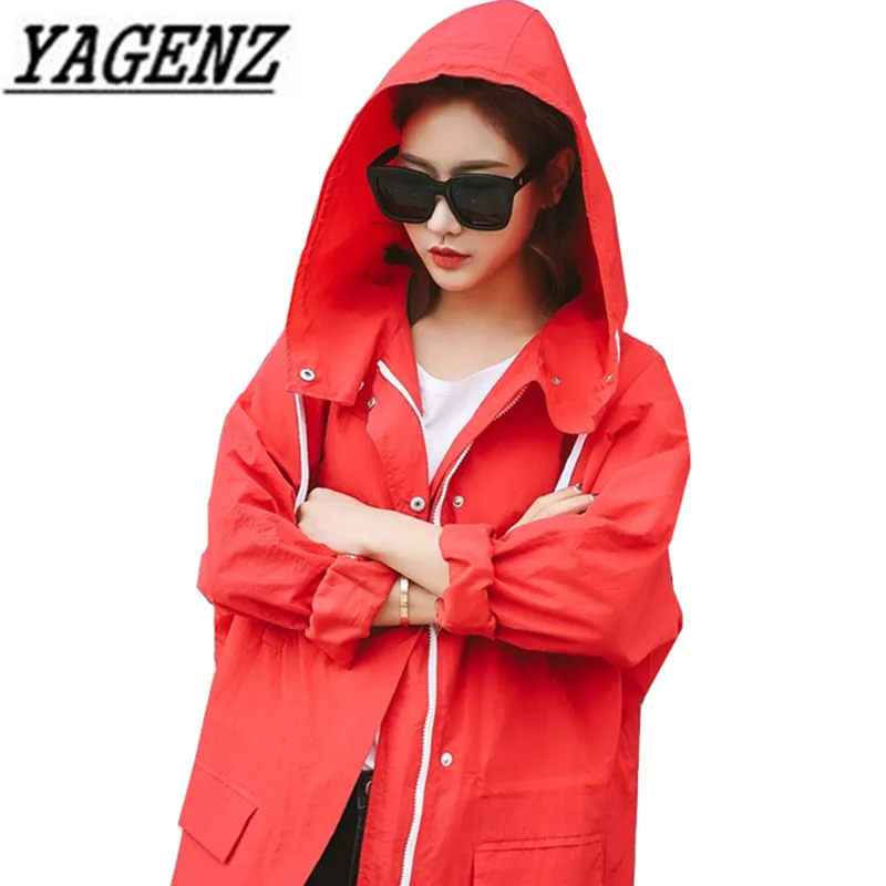 

Korea Loose Ladies Hooded Trench Coat 2018 Spring Long-sleeved bf Students Trend Windbreaker Long coats Casual Women Thin Coat