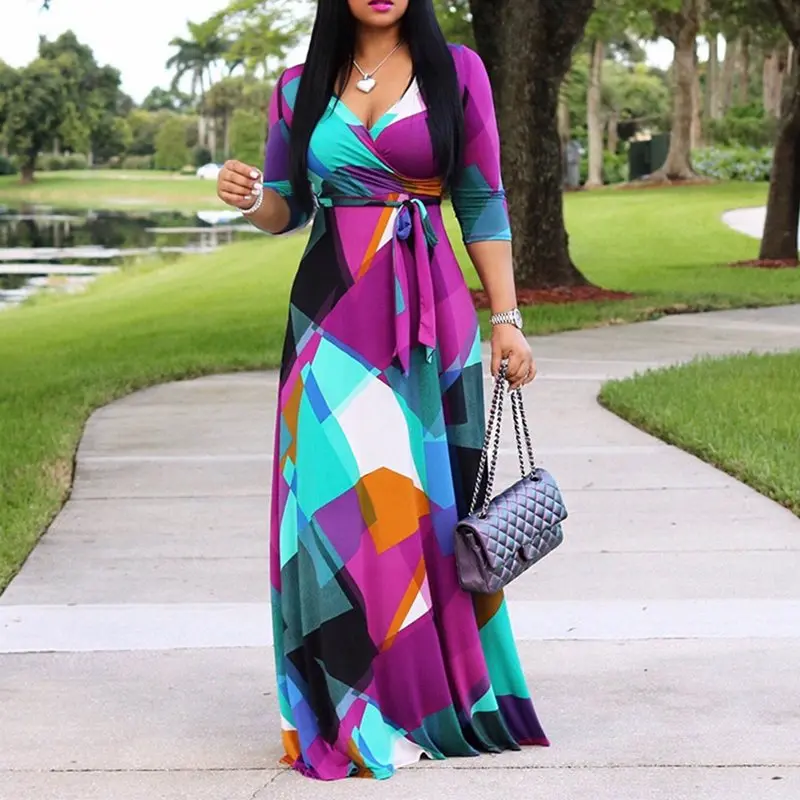 

Oversize Color Block Print Maxi Dress Women Lace Up Fashion Sexy V Neck Ladies Plus Size Holiday Robe Autumn Casual Long Dresses